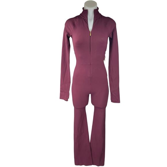 Athleta Alicia Keys Goddess Red Rib Long Sleeve Zip Up Bodysuit Jumpsuit XXS - Picture 1 of 11